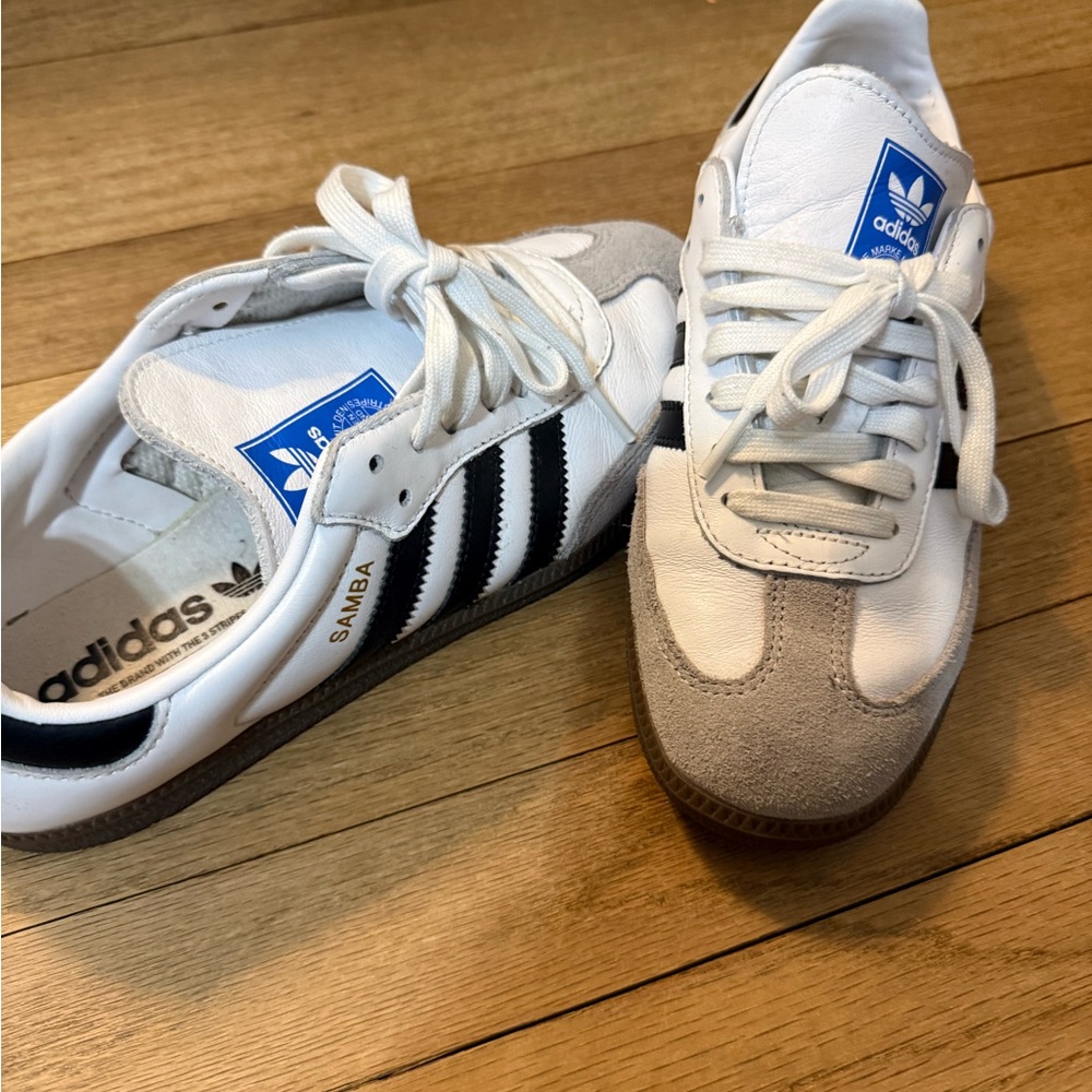 Adidas White Samba Sneakers with Gray Suede Toe and Black Stripes - Picture 2 of 7
